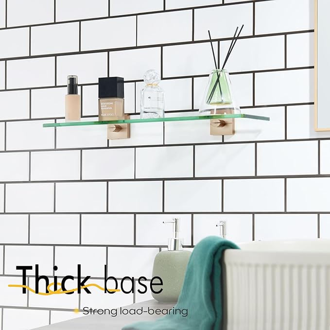 KOKOSIRI Tempered Glass Shelf 20-Inch Floating Wall Shelves for Bathroom Kitchen Shower Storage Decor Rack, Champagne Bronze Stainless Steel B1107CPG-L20