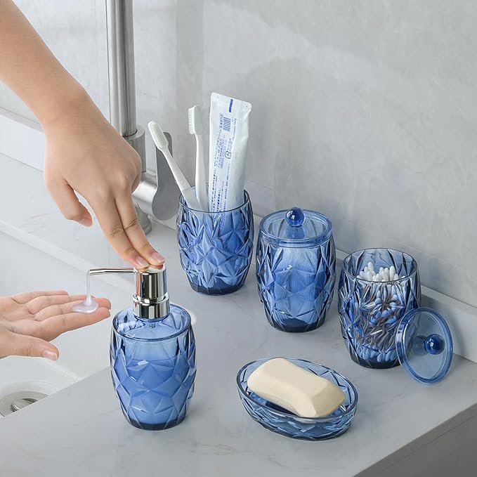 Modern Shatterproof Acrylic Cobalt Blue Bathroom Accessories Set – 5-Piece Glass-Free Vanity Set with Soap Dispenser, Toothbrush/Makeup Brush Holder, 2 Cotton Jars with Lids, and Soap Dish