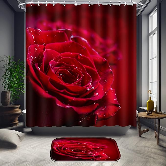 Poedist 4 Pcs Shower Curtain Set, Red Rose Bathroom Set,Romantic Shower Curtain Sets with Rugs(Bath Mat,U Shape and Toilet Lid Cover Mat) and 12 Hooks