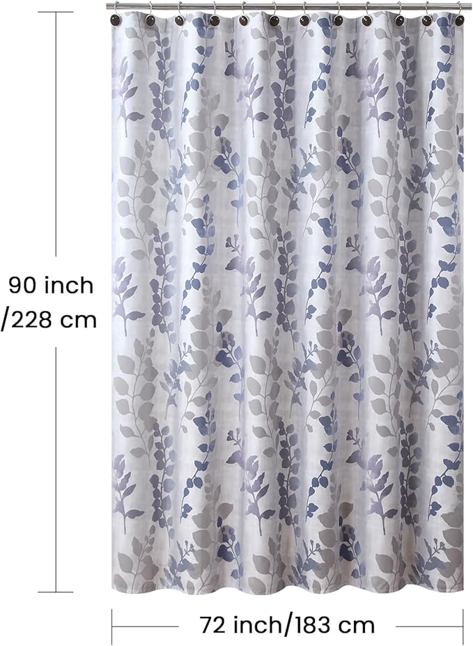 90 Inch Fabric Shower Curtain, Extra Long Gray and Blue Botanical Branch Leaf Print Shower Curtains for Bathroom, 72" W x 90" H
