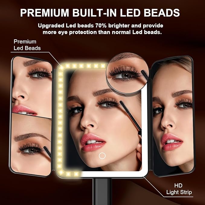 Mocado Makeup Mirror with Lights, 20X/7X/3X Magnifying Mirror with Light,Rechargeable & Height Adjustable Lighted Makeup Mirror,Vanity Mirror with 3 Colors Lights,Detachable Design for Travel(Black)