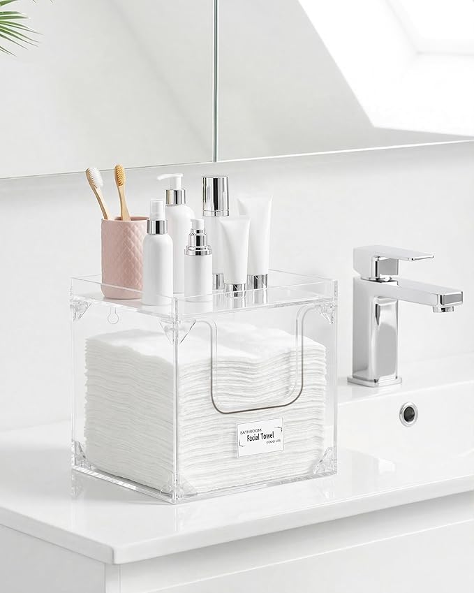 Foldable Facial Towel Holder – Disposable Face Towel Acrylic Storage Box for Bathroom, Clean Skin Club Box with Non-Slip Pads, Clean Towels XL Holder (Excluding Facial Towels)