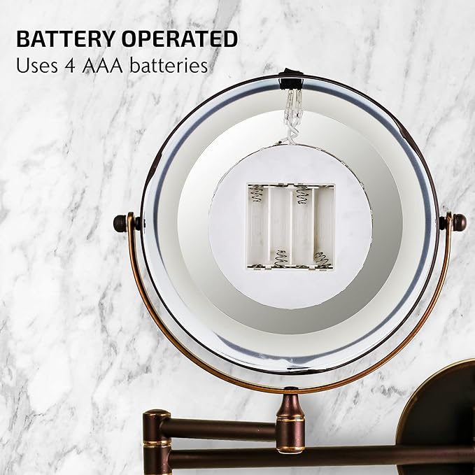 OVENTE Wall Mounted Lighted Makeup Mirror, 7" Double Sided 1X/7X Magnifying Vanity Mirror for Bathroom with LED Lights, Cordless, 360° Rotation and 13" Extendable Arm, Antique Bronze MFW70ABZ1X7X