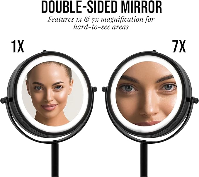 OVENTE 6" Lighted Makeup Mirror with 1X/7X Magnification, Cordless Tabletop Mount Vanity Round Mirror with 360° Swivel Design and Double Sided Cool Tone LED Ring Light, Matte Black MLT60B1X7X