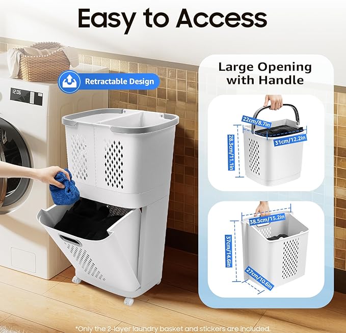 2-Tier Rolling Laundry Basket Movable Plastic Collapsible Laundry Basket Cart with Wheels and Handle, Durable Ventilated Portable Storage Baskets for Dorm, Laundry Room, Bathrooms