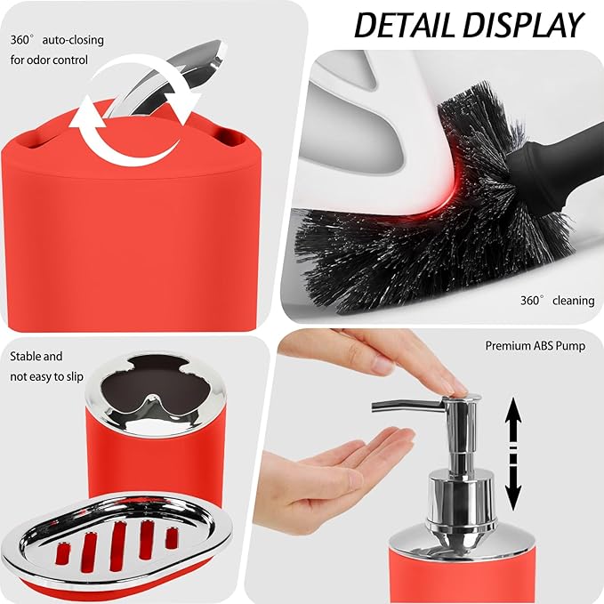 Lnond Red Bathroom Set, 23-Piece Red Black Geometric Bathroom Decor Set with with Shower Curtain and Rugs, Trash Can, Toilet Brush Holder Set & Soap Dispenser