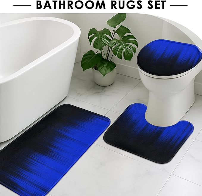 Blue and Black Ombre Shower Curtain Set with Toilet Lid Cover and Non-Slip Rugs for Bathroom, Gradient Modern Gothic Abstract 4 Pcs Shower Curtain, Bathroom Set with 12 Hooks