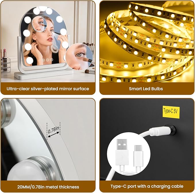 Rechargeable Arched Vanity Mirror with Lights, 14"×12" Hollywood Makeup Mirror with 10 Bulbs, 3000mAH Battery, 3-Color Lighting, Dimmable, 10x Magnification, Desk Mirror, Dorm Room Essentials (White)