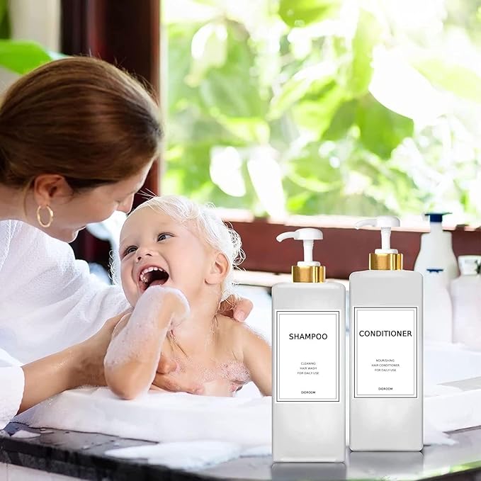 Modern Gold Shampoo and Conditioner Dispenser (21 oz, Pack of 3) Refillable Pump Bottle Set Empty Shower Plastic Bottles with Pump for Bathroom Body Wash Soap and Shower, 3 Types Waterproof Labels