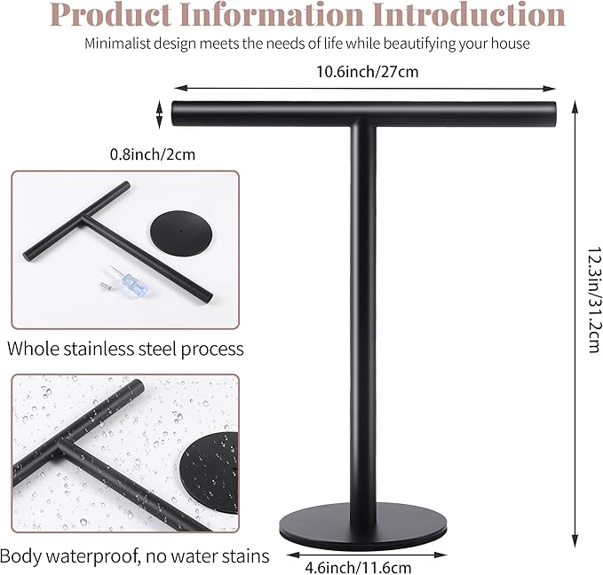 Bathroom Hand Towel Holder Stand???T-Shape Hand Towel Holder Stand SUS304 Stainless Steel Matte Black for Bathroom???Kitchen or Vanity Countertop