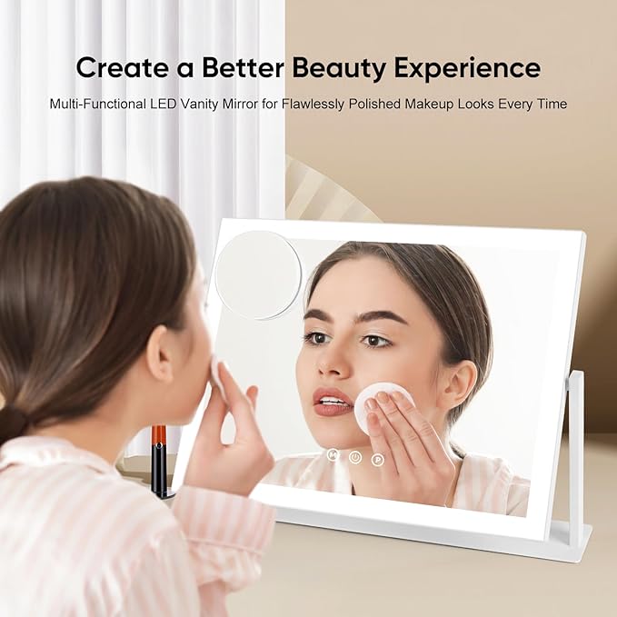 Vanity Mirror with LED Lights, 16.4x12.2 Inch Makeup Mirror, 3-Color Dimmable Touch Screen, 5X Magnification, 360° Rotation, White Large Tabletop Mirror for Bedroom Vanity