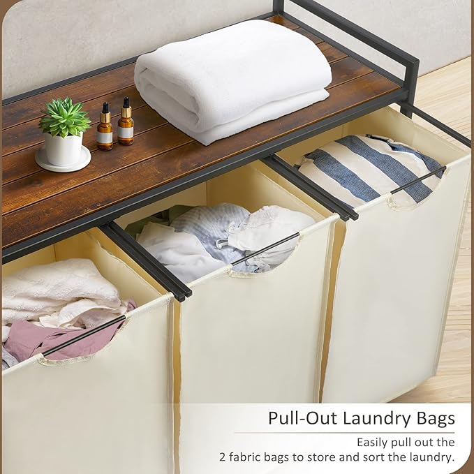 Graciadeco Pull Out Laundry Hamper 3 Compartment Laundry Sorter with Shelf 3 Section Laundry Basket with 3 x 16 Gallons Removable Bags for Laundry Room Bathroom and Dorm, Beige