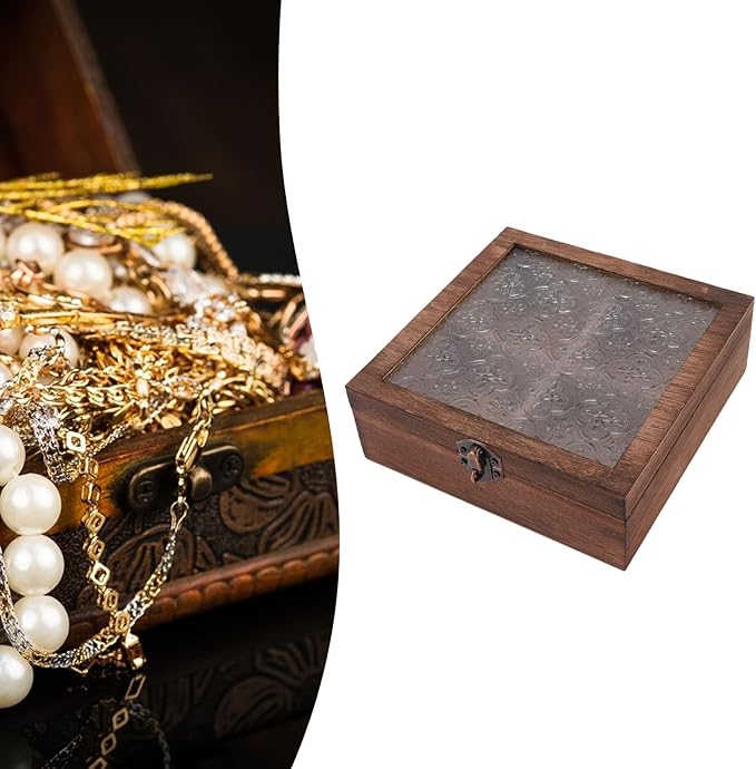 TOPINCN Floral Wooden Jewelry Box, Vintage Makeup Organizer, Trinket Holder Container, Quadrate Small Storage Case with Glass Lid for Cosmetics, Vanity Table, Desk Decorative