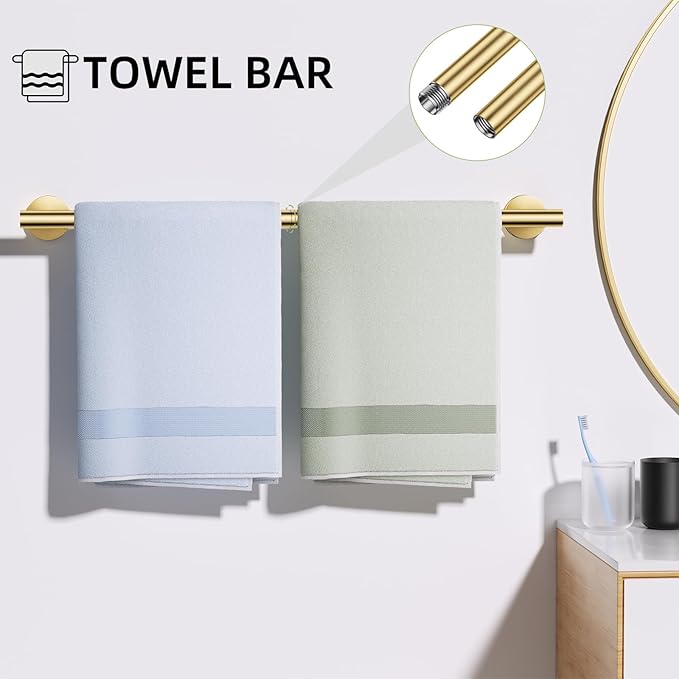 TURS Brushed Gold 5 Piece Bathroom Hardware Set, SUS304 Stainless Steel Bath Towel Bar Set, Bathroom Towel Rack Set Wall Mounted