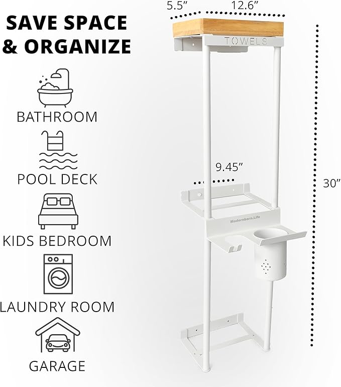 Over The Door/Wall Mounted Towel Rack - Modern Door & Wall Towel Holder for Rolled Towels with Hair Slot Dryer & Multipurpose Cup Holder - Hanging Towel Rack for Bathroom Holds 6 Large Towels - White