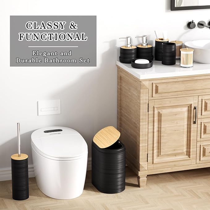 XLHOMO Black Bathroom Set - 10PC Bathroom Accessories Set, Luxury Bathroom Accessory Set with Trash Can,Toilet Brush & 2 PC Soap Dispensers for Apartment Decor and Housewarming