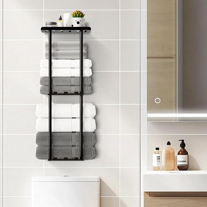 Towel Racks for Bathroom, 3 Tier Metal Towel Holder, with Shelf & 6 Hooks, 29 inch Wall Mounted Towel Storage, 6 Large Bath Towels Capacity,Small Bathroom Towel Rack for Rolled Towels, Black