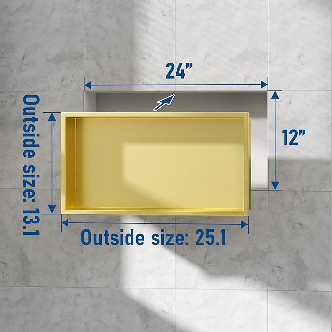 Neodrain Shower Niche, Insert Bathroom Storage Shower Shelf, Stainless Steel Recessed Wall Niche No Tiled Recessed Cabinet Waterproof for Shower Storage(Gold,24"x12")
