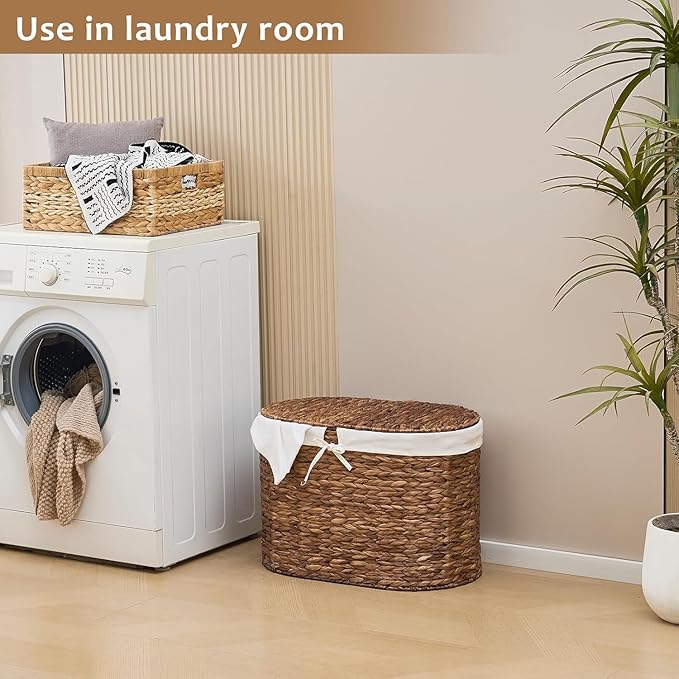 Oval Laundry Hamper with Lid and 2 Removable Bags, Handwoven Natural Water Hyacinth Laundry Basket for Bathroom or Bedroom, 70L, Espresso