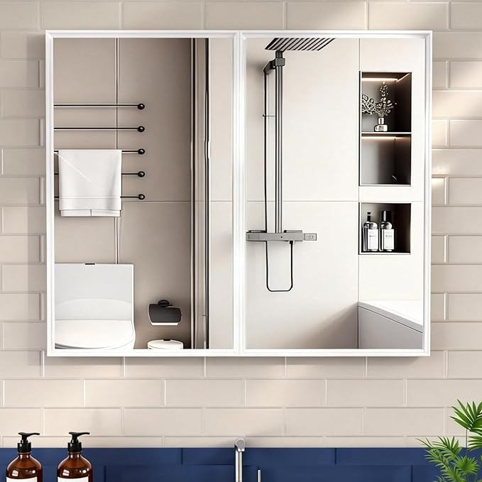 26 x 32 inch, Bathroom Medicine Cabinet, Double Mirror Doors, Bathroom Recessed Cabinet, Platstic Framed with Double Doors Wall Cabinet, Removable Glass Shelves, Recessed or Surface Mount