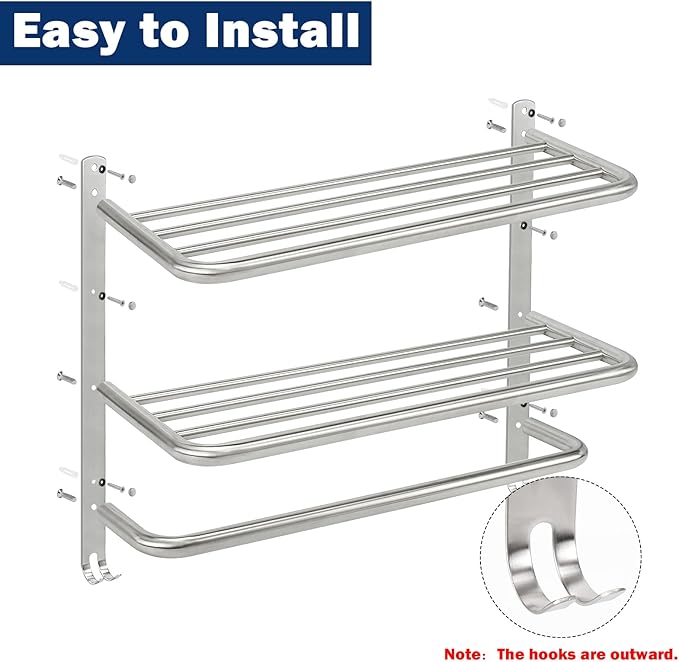 NearMoon Bathroom Towel Rack, 3-Tier Towel Holder with Hooks, SUS304 Stainless Steel Towel Hanger, Wall Mounted Towel Shelf Storage, Bathroom Accessories (22 Inch, Brushed Nickel)