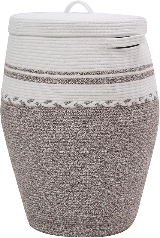 26"x20" Handcrafted Tall Cotton Rope Basket with Lid, Stylish Flagon Shape with Cover, Clothes Hamper with Top, for Bedroom and Living Room, White/Deep Camel White Mix