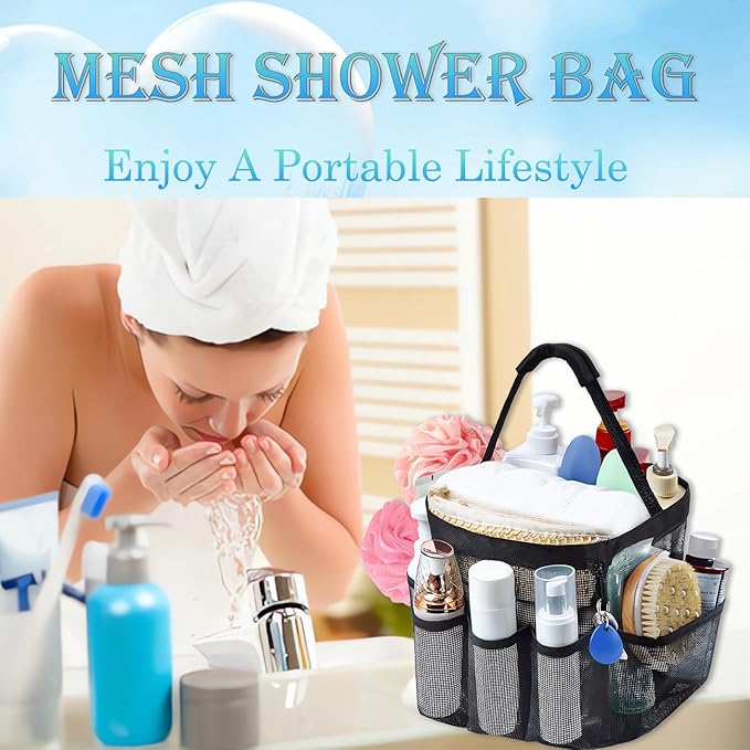Mesh Shower Caddy Portable for College Dorm Room Essentials, 8-Pocket Large Capacity Shower Tote Toiletry Bag Basket, Quick Dry Hanging Organizer for Bathroom, Gym, Camp, Travel, Cruise, Beach