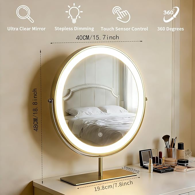 15.8-inch Round Makeup Mirror with Lights, 360° Rotating LED Three-Color Lights with Adjustable Brightness. Desktop Vanity Mirror (Gold).