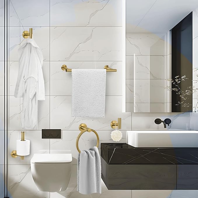 5-Piece Towel Racks for Bathroom, Stainless Steel Bathroom Accessories Set, Bathroom Towel Holder Wall Mounted, Sturdy Bath Towel Bar Set Bathroom Hardware Set (Brushed Gold)
