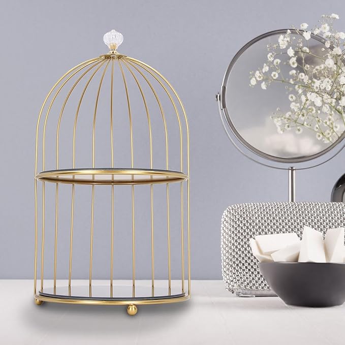 Double Layer Storage Shelf Bird Cage Organizer Display Rack for Bathroom Countertop Dressing Table Gold Frame (Black Base Gold Pattern)