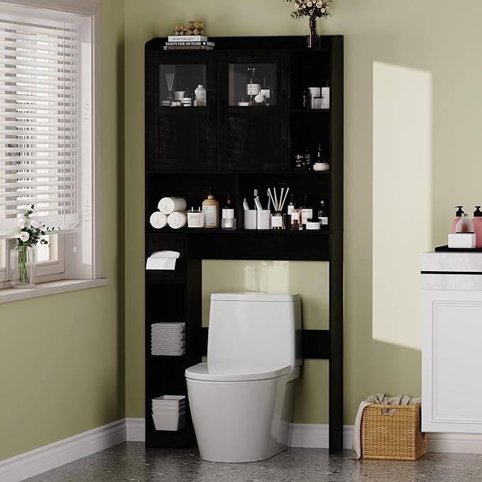 Farmhouse Style Over Toilet Storage Cabinet, 67" Tall Bathroom Organizer Unit with Sliding Barn Doors & Open Shelving for Bathroom, Neutral Wood Grain Finish
