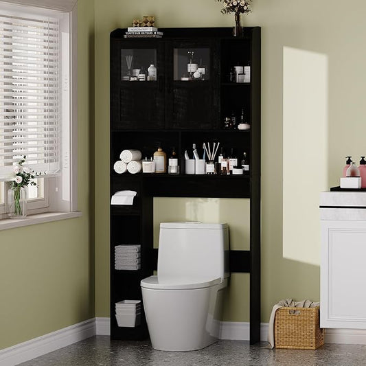 Farmhouse Style Over Toilet Storage Cabinet, 67" Tall Bathroom Organizer Unit with Sliding Barn Doors & Open Shelving for Bathroom, Neutral Wood Grain Finish