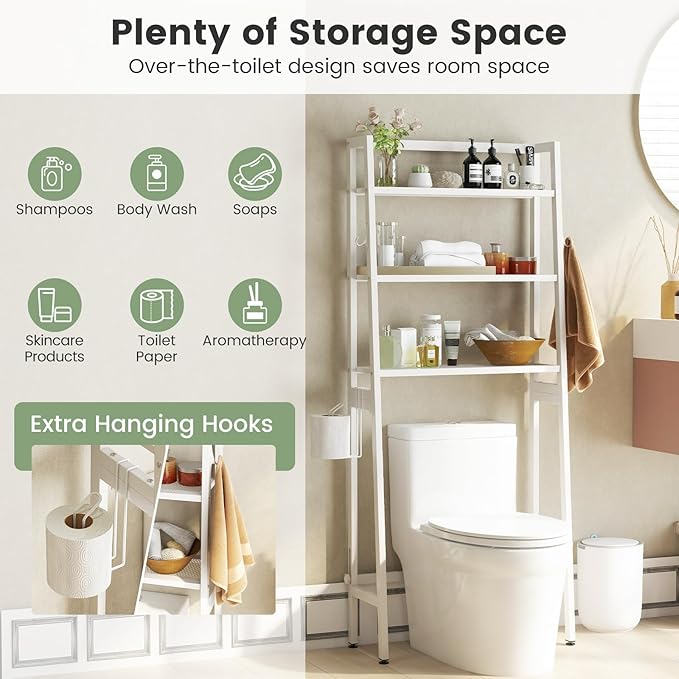 Nightcore Over-The-Toilet Storage, 3-Tier Freestanding Bathroom Organizer Shelf w/ 2 Hanging Hooks & Toilet Paper Holder, Multifunctional Metal Toilet Storage Rack for Bathroom Laundry (White)