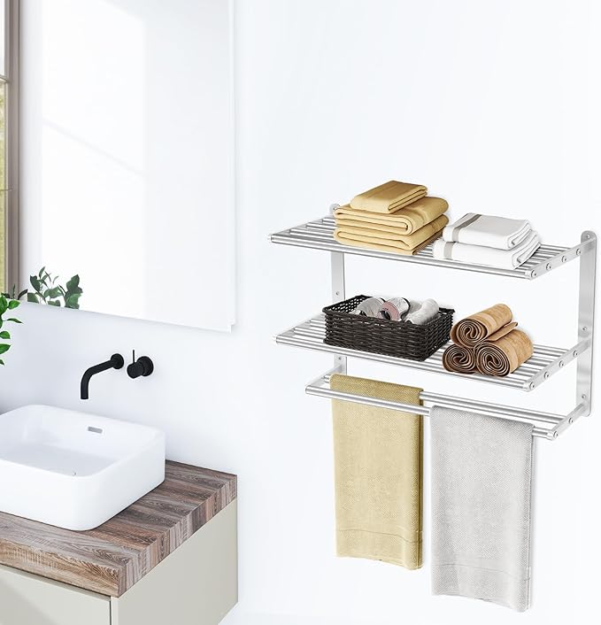 3 Tier Towel Racks for Bathroom Wall Mounted, 24 inch Bathroom Shelf with Towel Bar, Brushed Nickel Shelves for Towels, Stainless Steel Modern Silver Multi Holder