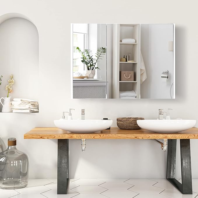 GLACER Large Mirrored Medicine Cabinet, Bathroom Wall Mounted Storage Cabinet with Triple Mirrored Doors, Ideal for Bathroom, Living Room, 36 x 4.5 x 25.5 inches (White)