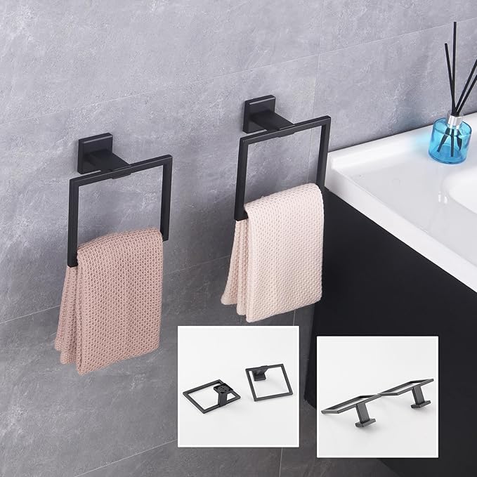 GERZWY Matte Black Bath Towel Ring Bathroom Towel Holder Towel Rack Wall Mounted Stainless Steel Contemporary Style JG1916-2BK