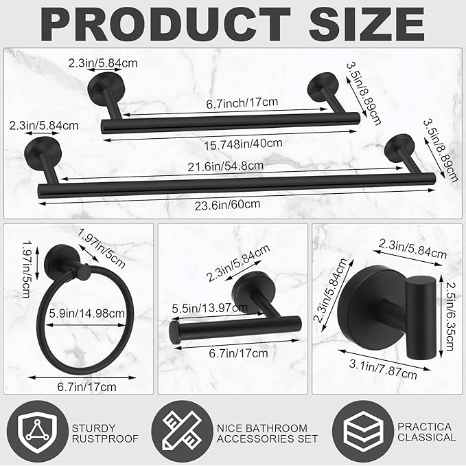 Gisafai 15 Pcs Black Bathroom Accessories Hardware Set Towel Racks for Bathroom SUS304 Stainless Steel 23.6 Inch Brushed Towel Bar Ring Toilet Paper Holder Robe Hooks for Wall Mounted