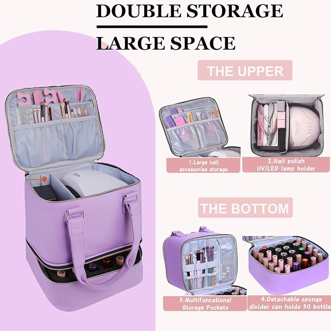 FCQQYWZ Nail polish Case, Nail Polish Organizer Bag and Nail Dryer Case Holds 30+ Bottles (15ml/0.5 fl.oz) and a Nail Lamp, Travel 2 Layer Nail Polish Storage with Sturdy Handles(Purple)