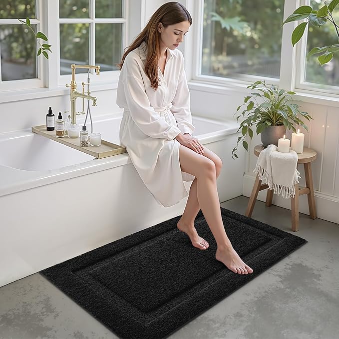LUMI Large Ultra Soft Bathroom Rugs Non Slip with Rubber Backing, Absorbent Washable Bath Mat Quick Dry, Upgraded Premium Microfiber Plush Carpet for Bathtub and Shower Floor, Black, 24x43