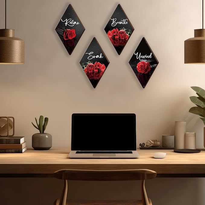ONIZHITY Set of 4 Red Bathroom Decor Rose Wooden Wall Decor Flower Rustic Romantic Floral Farmhouse Wall Decor Modern Breathe Soak Unwind Relax Signs Red Decor for Room Kitchen Bathroom (12 x 7)