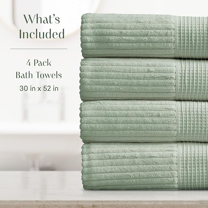 Springtree Home 100% Cotton Bath Towel Set of 4 | Super Soft & Absorbent with Quick-Dry Fibers | 4 Bath Towels | Textured and Durable Cotton | Krista Collection - Eucalyptus