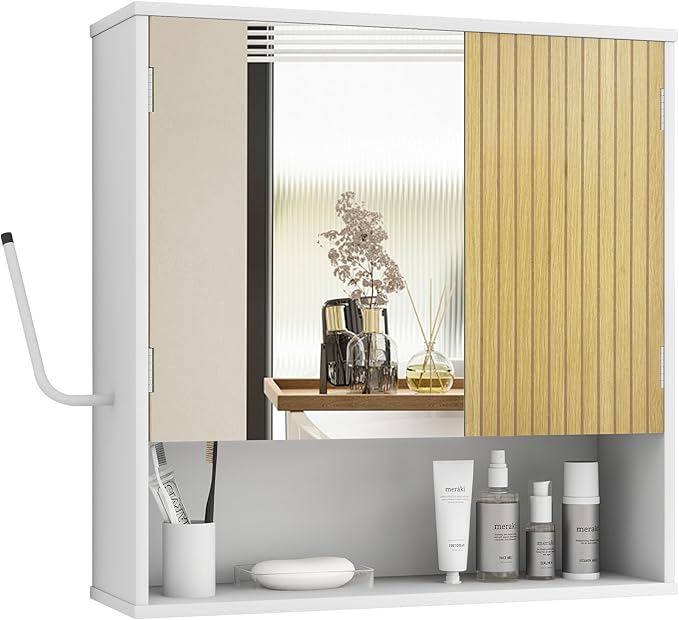 Bathroom Wall Cabinet With Mirror,wall mounted bathroom cabinet,Medicine Cabinet with 2 Door ,Side Hook,Light and Adjustable Shelves,White Cabinet with Wood Grain,Over The Toilet Space Saver Cabinet.