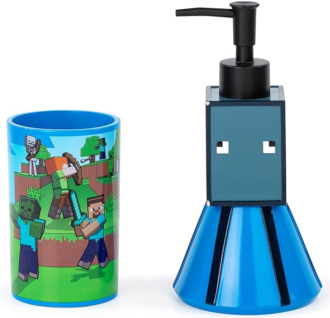 Jay Franco Minecraft 2 Piece Set - Blue Soap Dispenser & Tumbler Set - Kids Resin Bathroom Accessories Features Creeper