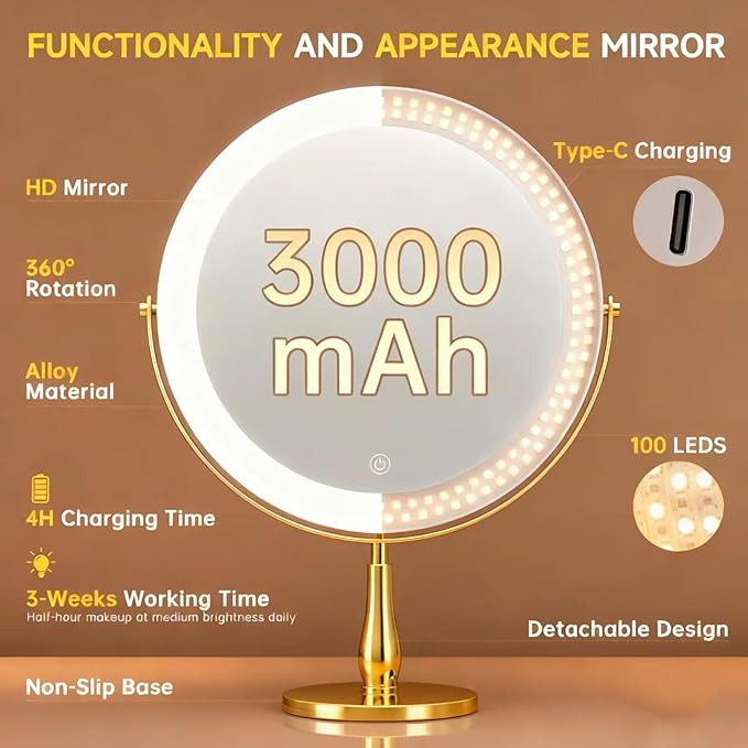 Professional 8" Large Lighted Makeup Mirror with Brighter Lights, 1X/10X True HD Magnifying Mirror with 3 Color Dimmable Lights, 92 Shadowless LEDs, 360°Swivel Seamless Vanity Mirror, Gold
