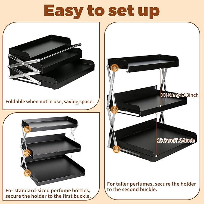 Cologne Organizer for Men - 3 Tier Perfume Display Holder, Foldable Adjustable Height Mens Perfume Organizer Shelf Stand, Black Gift for Men