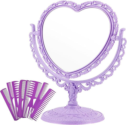 CHENGU Heart Shaped Mirror 8 Pieces Hair Styling Combs Double Sided Rotatable Dresser Heart Mirror Makeup Gifts for Girls Gift Vanity Tabletop (Purple)