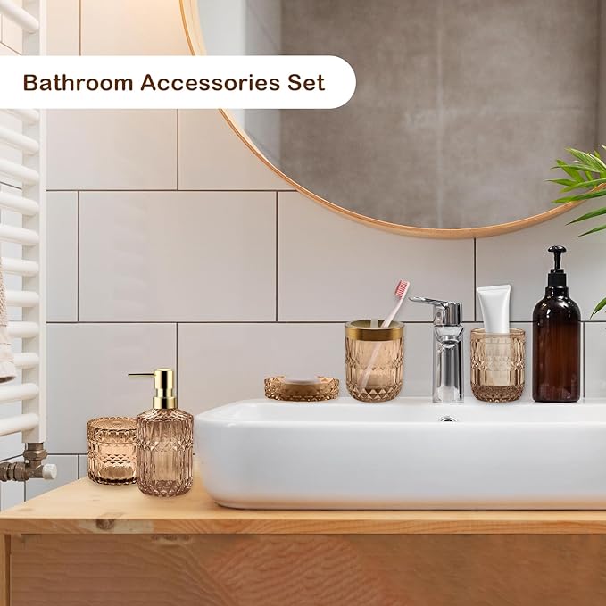 5Pcs Brown Bathroom Accessories Set, Glass Bathroom Accessories, Vintage Bathroom Countertop Decoration Includes Soap Dispenser, Toothbrush Holder, Qtip Holder,Soap Dish and Rinsing Cup