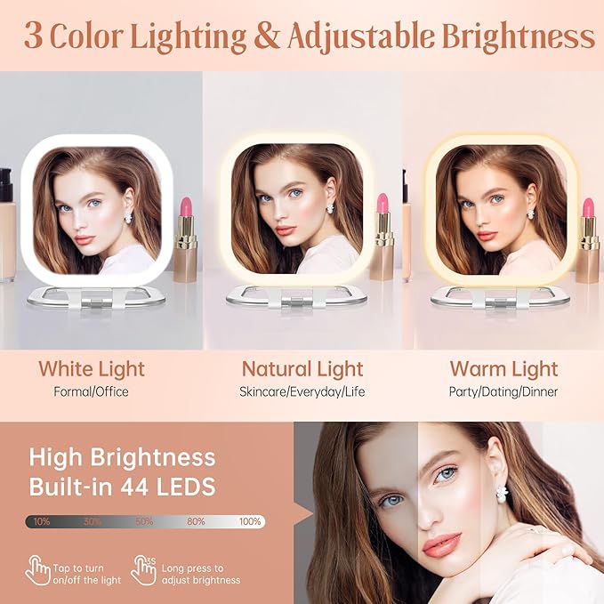 FASCINATE Compact Travel Makeup Mirror with Lights and Magnification, 3.5 inch Portable 1X/30X Magnifying Mirror with 3 Color Light, Folding, Handheld (White)