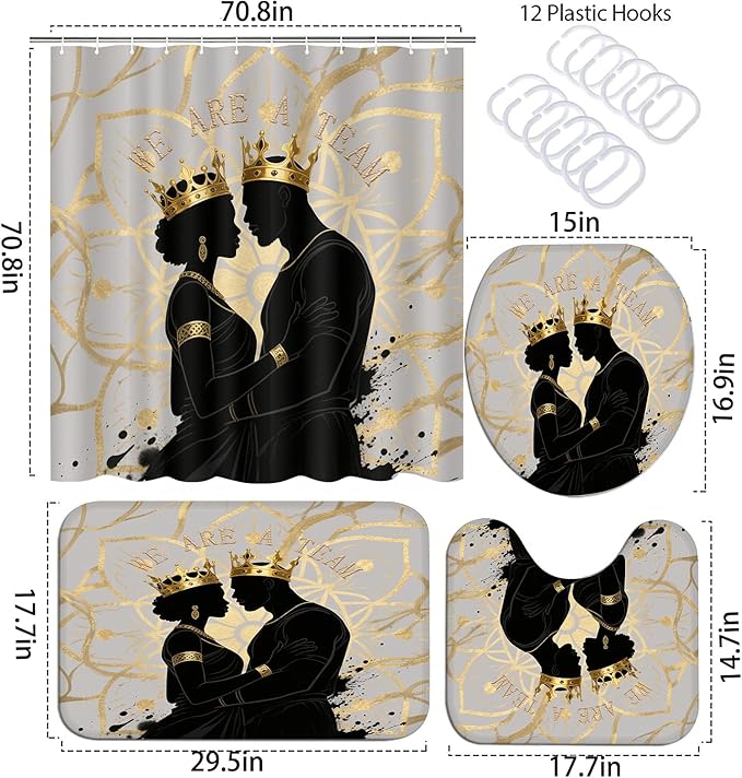 4 PCS Boho Black King Queen Shower Curtain Set with Waterproof Shower Curtain, Non-Slip Bath Mat, Rug, Toilet Lid Cover, Romantic Afrcian American Black Man Woman Halloween Bathroom Decor Set