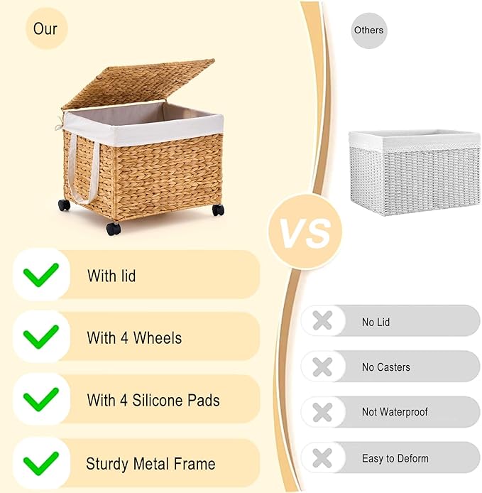 Rolling Laundry Hamper with Lid, Natural Water Hyacinth Basket with Removable Liner, Wheel or Non-Slip Installation Laundry Basket for Home Use (Natural, 60L)
